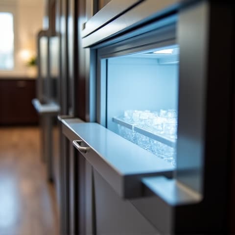 A technician performing an ice maker repair on an integrated Sub-Zero refrigerator in an Elk Grove kitchen, ensuring optimal ice production for luxury living.