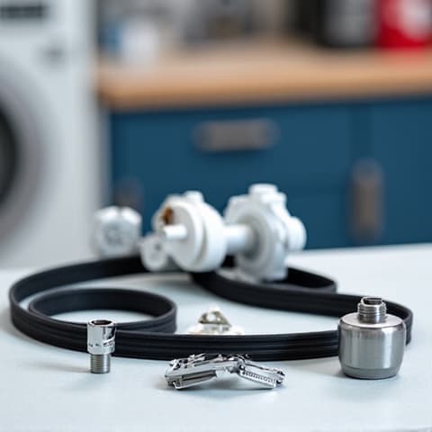 Skilled technician repairing a Samsung washing machine with genuine OEM parts, showcasing attention to detail in a Carmichael kitchen. Residential appliance service.