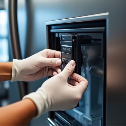 Thermador Built-In Refrigerator Water Dispenser Fix in Roseville. Technician troubleshooting and repairing a water dispenser on a Thermador built-in refrigerator, focusing on functional luxury.