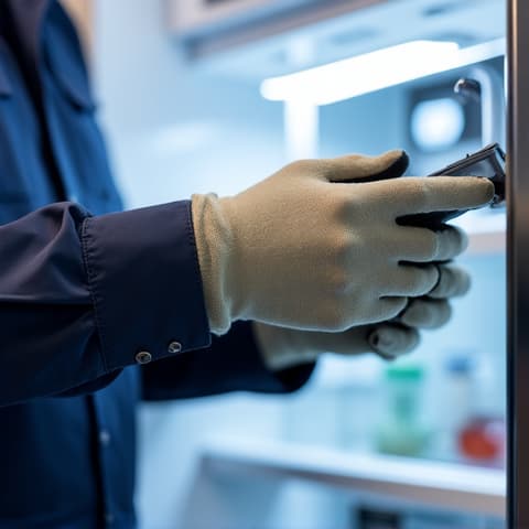 Viking refrigerator repair in Gold River, CA, technician troubleshooting a luxury kitchen appliance. Expert service for high-end refrigeration units, ensuring optimal performance.