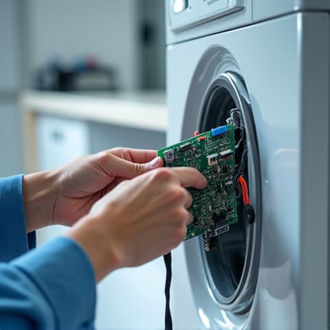 Washing machine door seal replacement in Roseville. A repair technician is shown replacing the rubber door seal of a front-loading washing machine, addressing common leakage issues. The scene demonstrates a practical repair process.