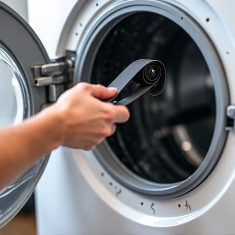 Technician adjusting the drive belt tension on a Maytag washing machine in Orangevale. This critical maintenance step prevents noise and ensures smooth operation for Maytag appliances.
