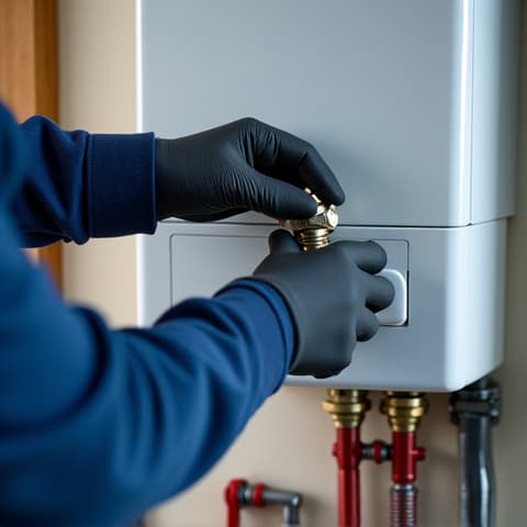 Water heater leak repair in a Natomas basement, technician inspecting the base of a traditional unit
