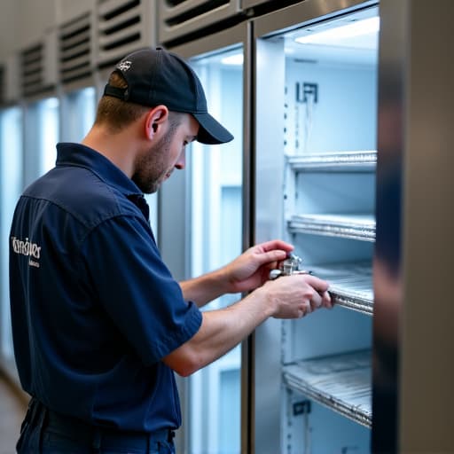 Technician repairing a large commercial freezer in a Sacramento restaurant