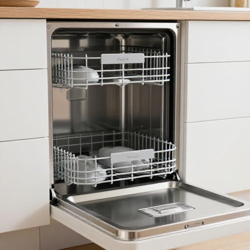 Bosch Miele dishwasher repair in Sacramento. A technician working on a built-in dishwasher in a kitchen.