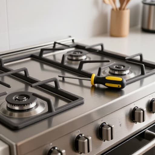 Expert range repair in Sacramento. A technician troubleshooting a gas range with multiple burners.