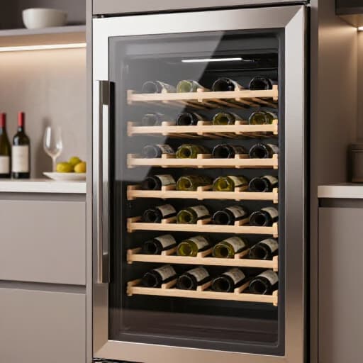 Luxury wine cooler repair service. A technician inspecting a built-in wine cooler with bottles visible.