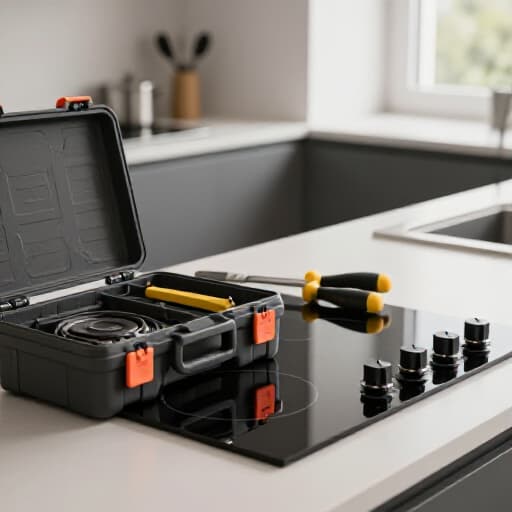 Professional cooktop repair in Sacramento. A technician diagnosing and repairing a gas cooktop in a modern kitchen setting.