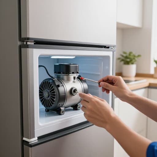 Refrigerator compressor replacement in Sacramento. A technician replacing a compressor unit on a refrigerator.
