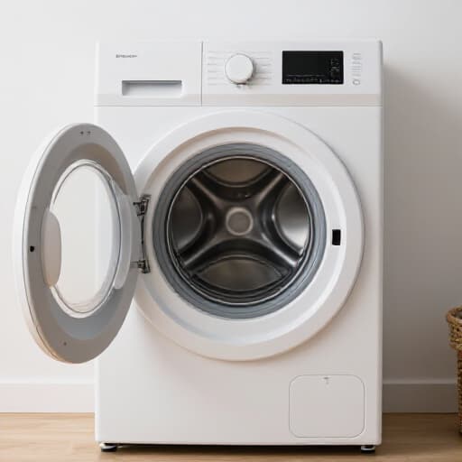Same-day washer repair in Sacramento. A technician examining the inside of a front-loading washing machine.