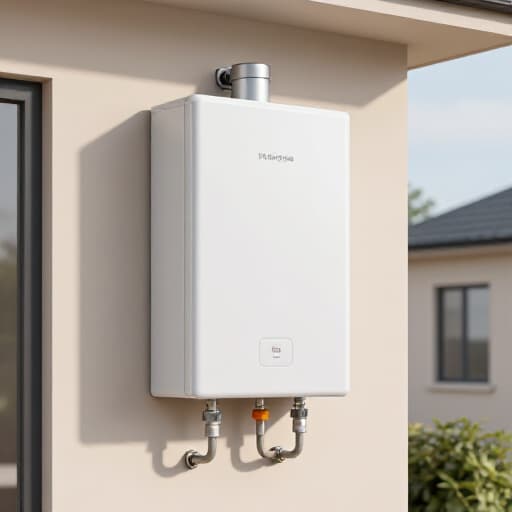 Tankless water heater repair in Sacramento. A technician servicing an outdoor tankless water heater unit.
