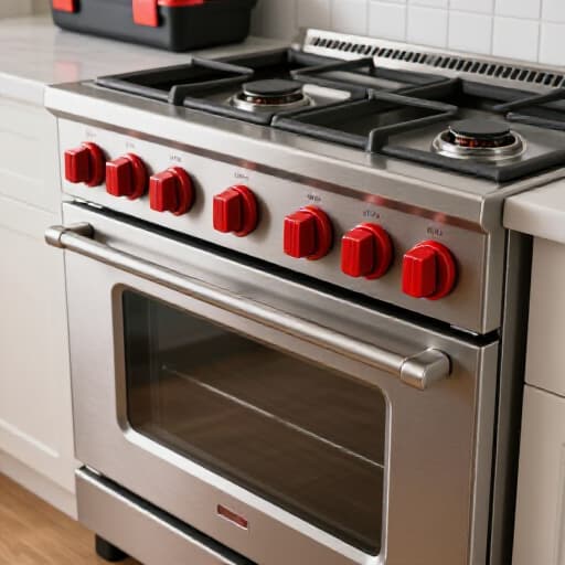 Wolf range and oven appliance repair in Sacramento. A technician inspecting a Wolf gas range.
