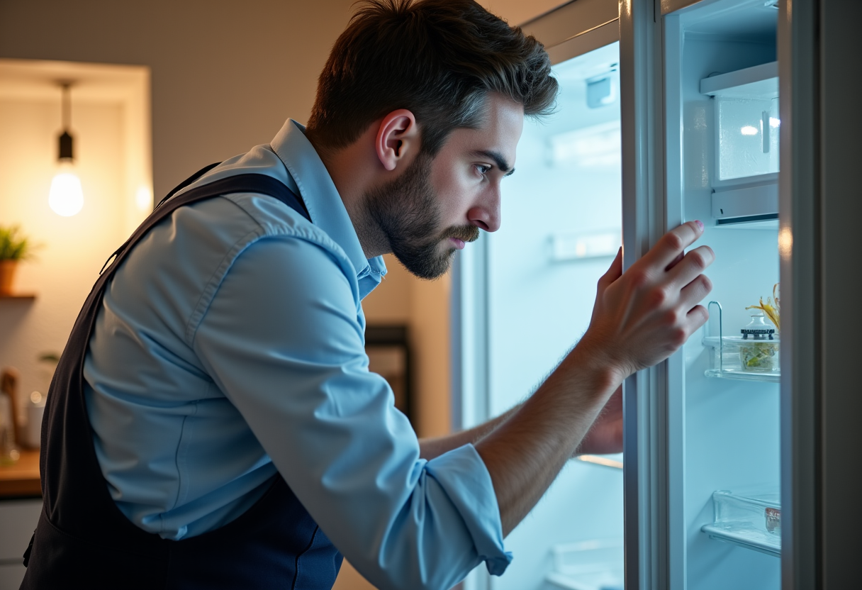 Appliance repair technician checking a refrigerator in a kitchen in Elk Grove, highlighting repair vs. replacement considerations.