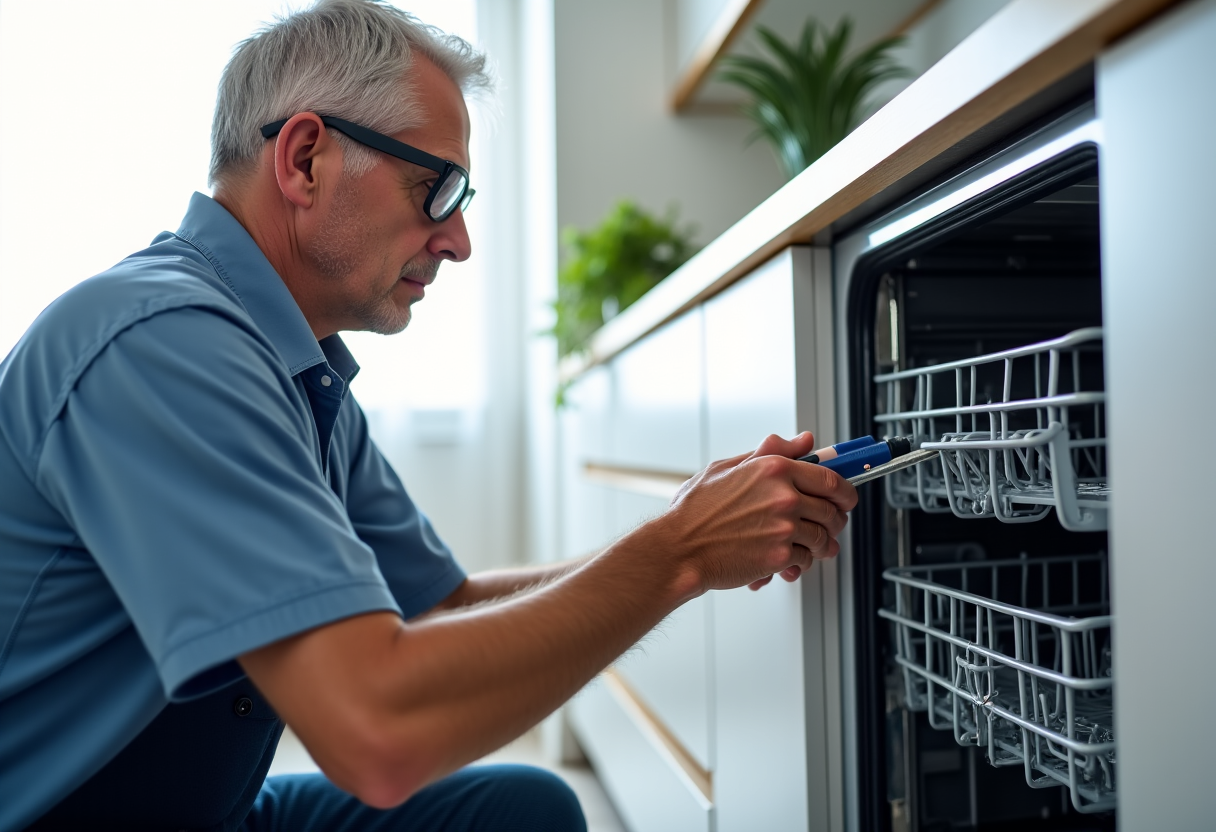 Appliance technician inspecting a dishwasher in a Sacramento home, highlighting hard water effects.