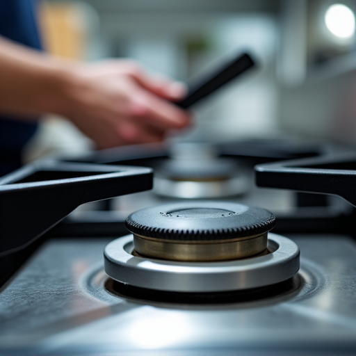 Commercial stove repair in Natomas. Industrial kitchen stove being repaired, focusing on gas line inspection and sealed burner re-calibration for a restaurant client.