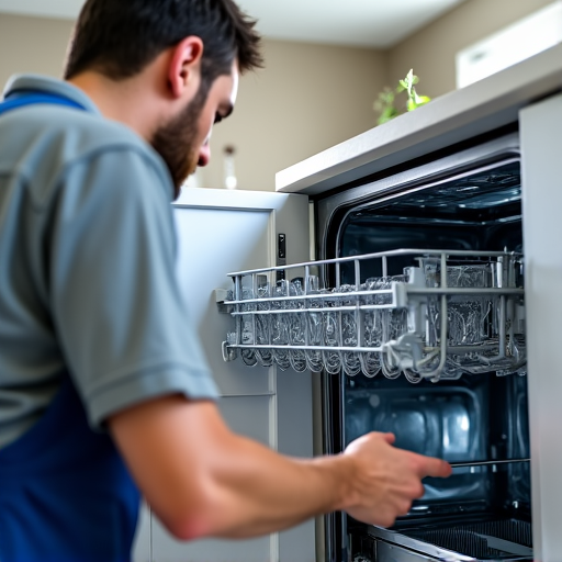 Dishwasher repair technician in Carmichael inspecting a Bosch dishwasher in a modern kitchen. Technician is using professional diagnostic tools and has floor protectors down.