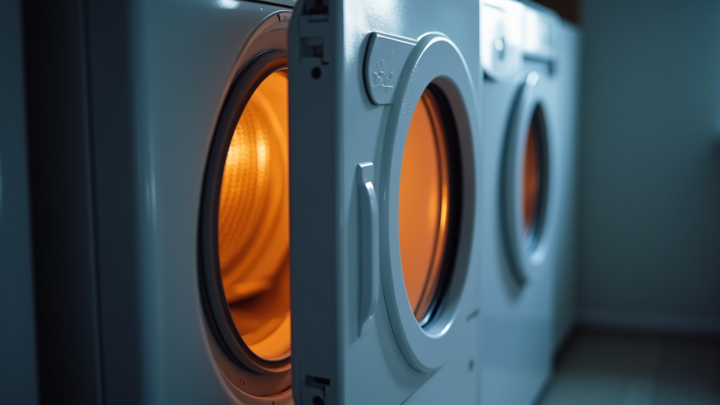 Residential dryer emitting smoke and a burning smell, indicating an urgent need for repair to prevent fire hazards.