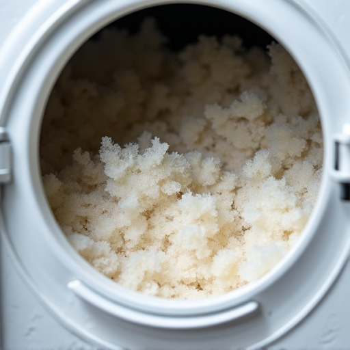 A 'before' image detailing a dryer exhaust vent completely packed with lint, indicating a severe blockage and a high risk of appliance malfunction or fire. This visual underscores the professional service offered to mitigate such hazards.