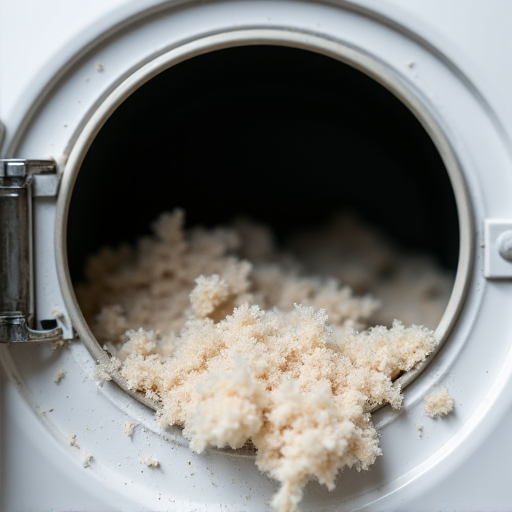 A 'before' shot inside a dryer vent showing significant accumulation of lint and debris, illustrating the restricted airflow and potential fire hazard. This image serves as a visual warning of the dangers of neglected dryer vents and the importance of regular maintenance.