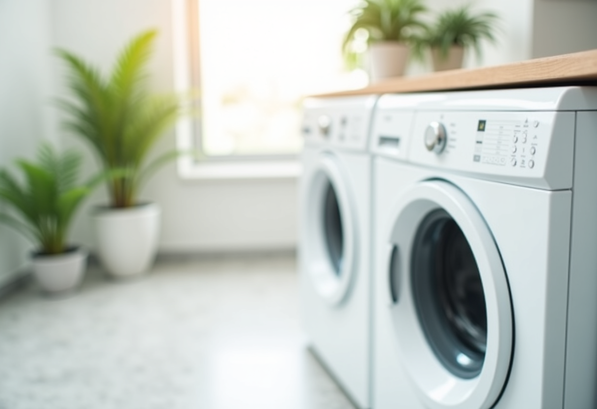 Drying clothes in modern laundry room after repair