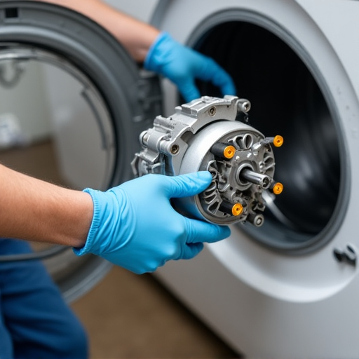 Electric Dryer Motor Replacement in Elk Grove 95757. A professional technician installing a new motor in an electric dryer, highlighting the meticulous process of appliance repair in a residential setting.