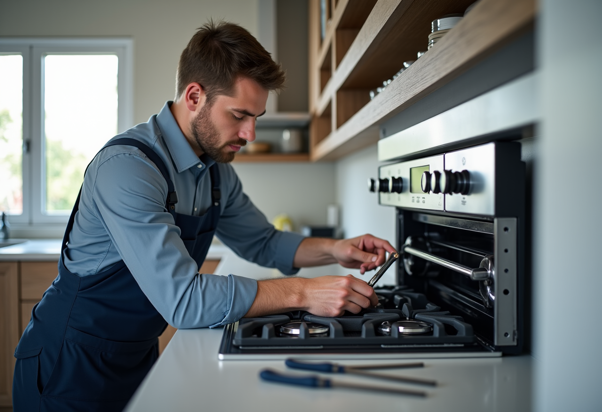 Expert technician carefully repairing a Viking range stove in a modern Sacramento kitchen