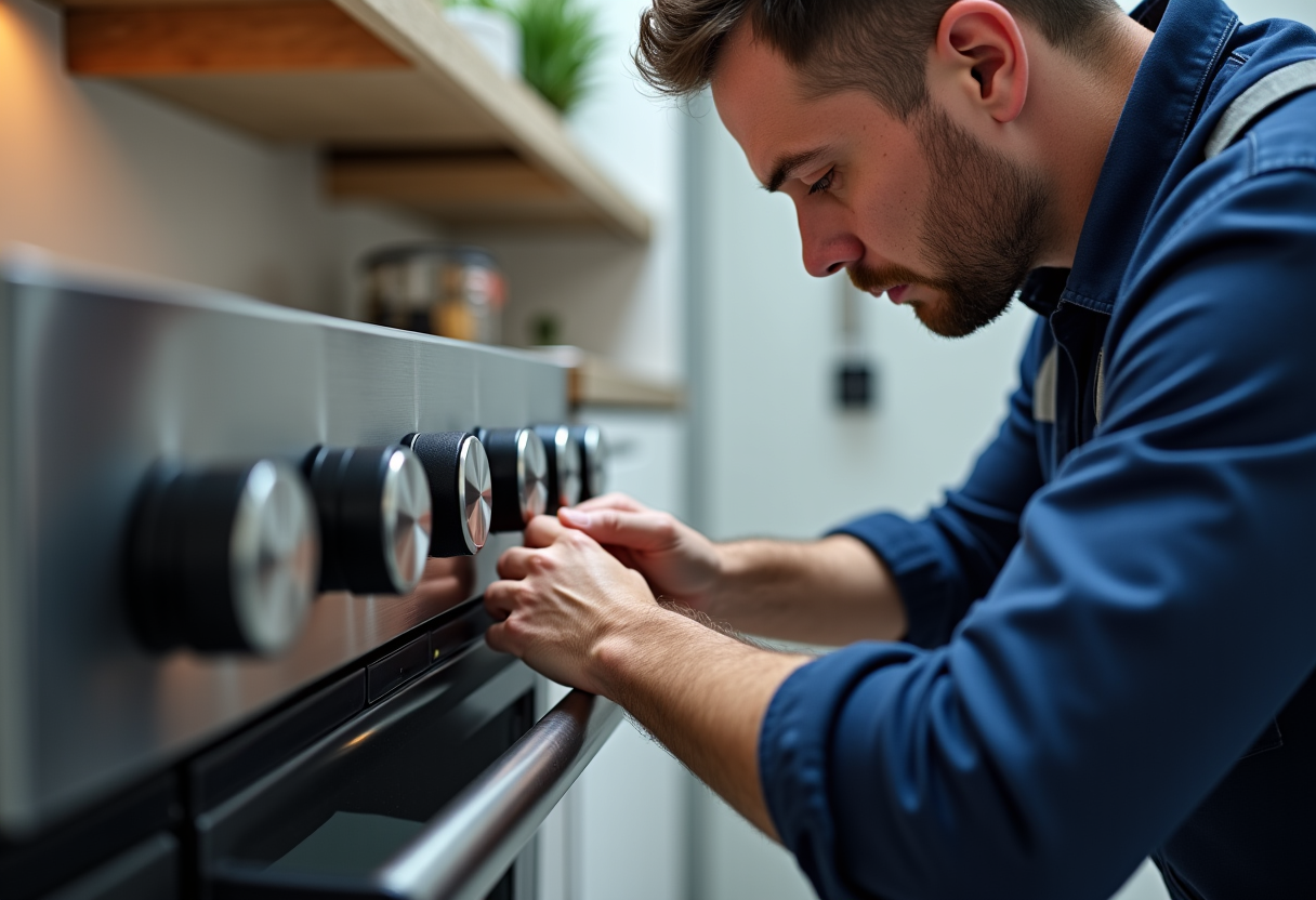 Fair Oaks oven repair technician performing diagnosis of gas oven in kitchen