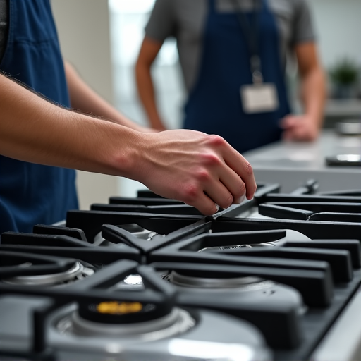 Viking cooktop service in a historic Fair Oaks home. Expert technician performing detailed repair on a Viking cooktop, maintaining the integrity of a classic kitchen.
