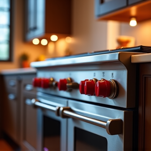 Wolf range repair in a luxurious Folsom kitchen, historic district home. A technician is meticulously working on the range, ensuring precise functionality. The kitchen features upscale finishes and cabinetry.