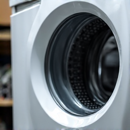 Front-Load Washer Repair. Technician performing advanced mechanical diagnostics on a high-efficiency front-loading washing machine to ensure optimal drum balance and drainage.