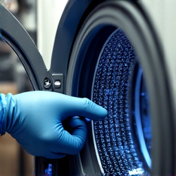 HE System Calibration. Close-up of digital diagnostic equipment being used to calibrate a high-efficiency washing machine's water sensors and cycle timing.