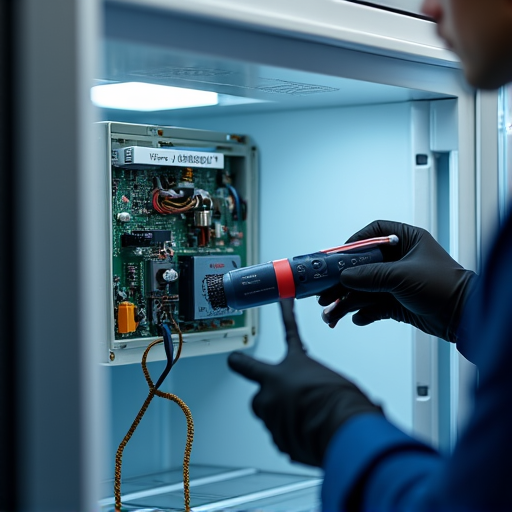 High-End Refrigerator Diagnostic on Folsom Road. Technician diagnosing an issue on a luxury refrigerator, highlighting the advanced tools and expertise required for premium appliance service in Roseville.