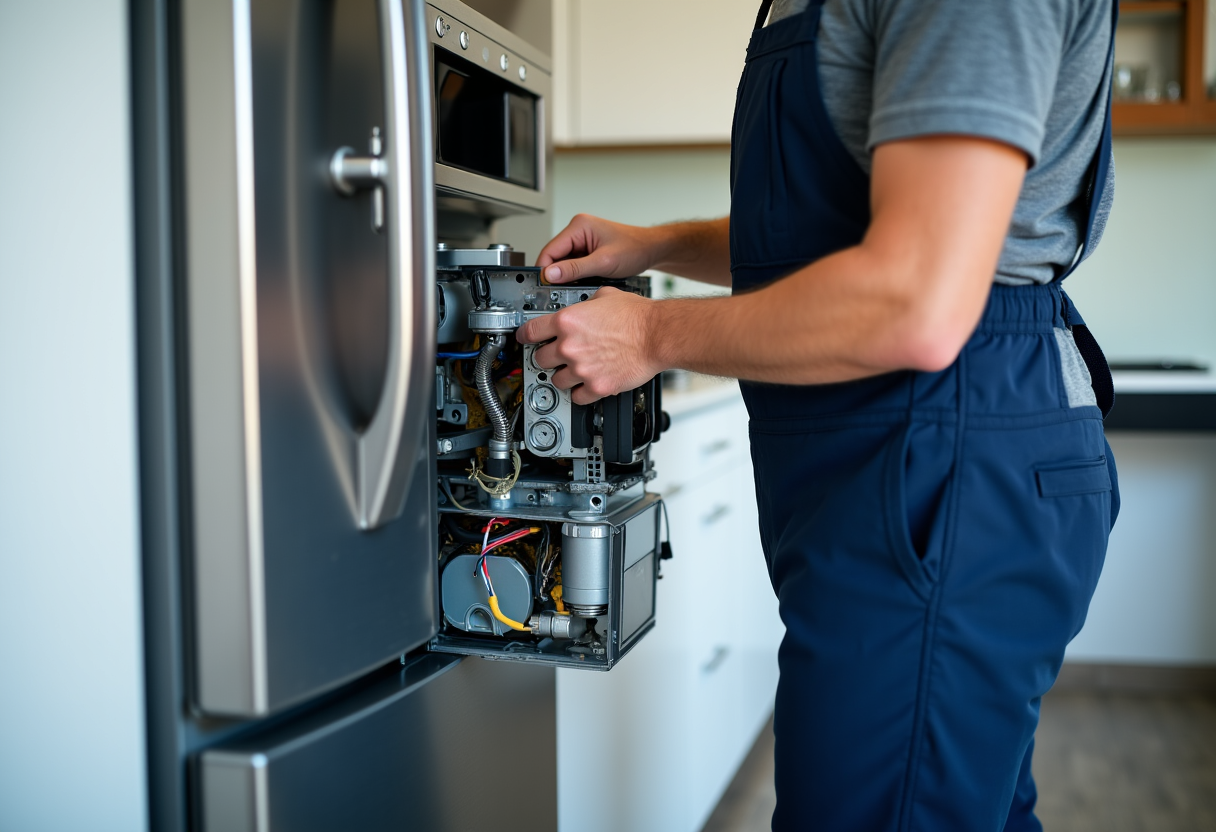 Appliance repair technician fixing a luxury refrigerator compressor in Elk Grove, emphasizing maintenance and longevity.