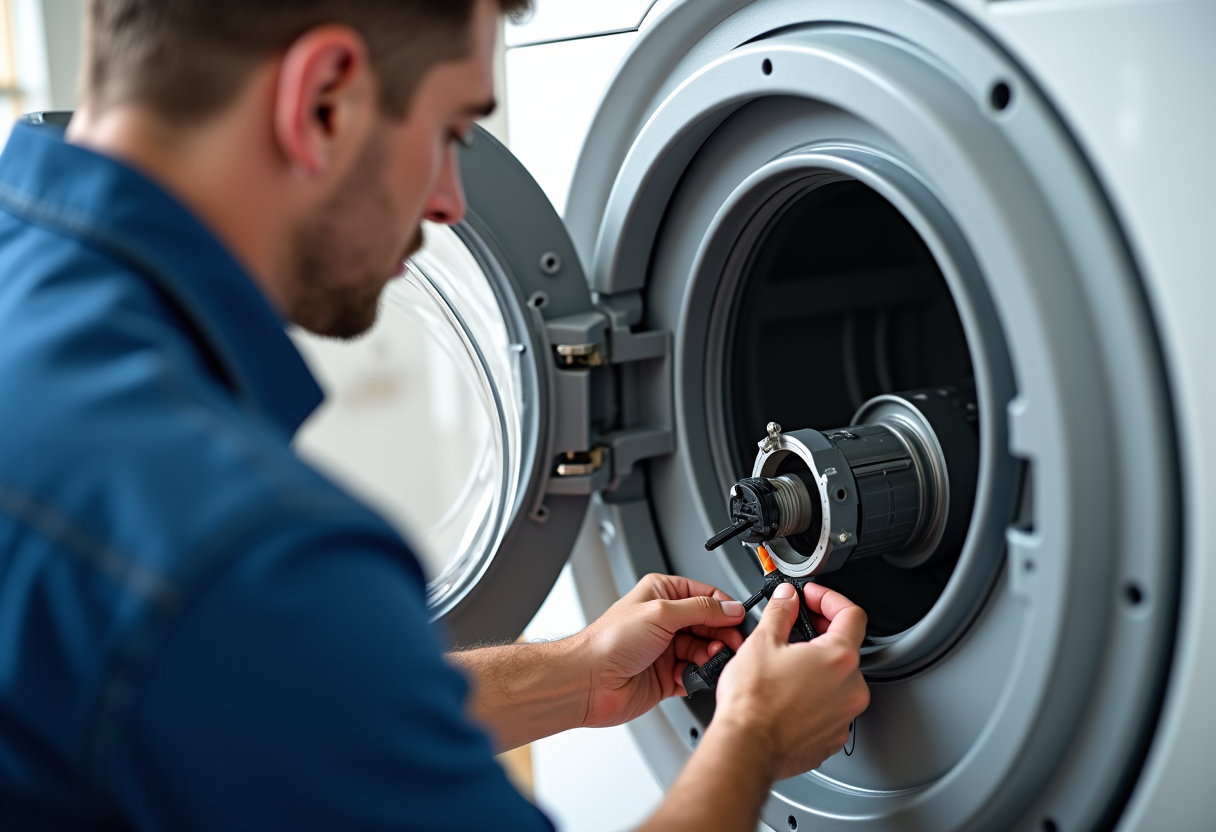 Luxury appliance repair technician performing maintenance on high-end washing machine in Sacramento