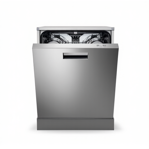 Luxury appliance technician repairing a Miele dishwasher in a modern kitchen with high-end finishes, clean organized tools