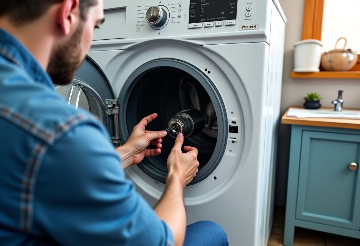 Maytag dryer repair technician inspecting heating element in service van