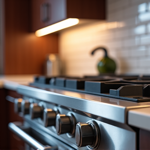 Wolf range repair in Natomas Westlake. Professional repair of a Wolf gas range in a modern kitchen, highlighting the intricate work involved in fixing high-end cooking appliances.