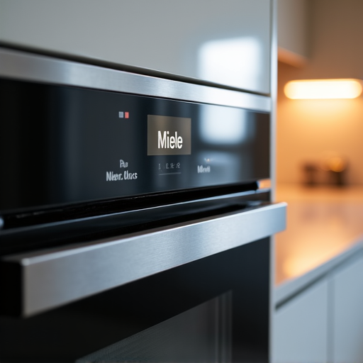 Oven repair technician working on a Miele oven in a Sacramento kitchen. Professional Miele oven repair in Sacramento, expert technician diagnosing issues with high-end Miele cooking appliance in a modern kitchen setting.