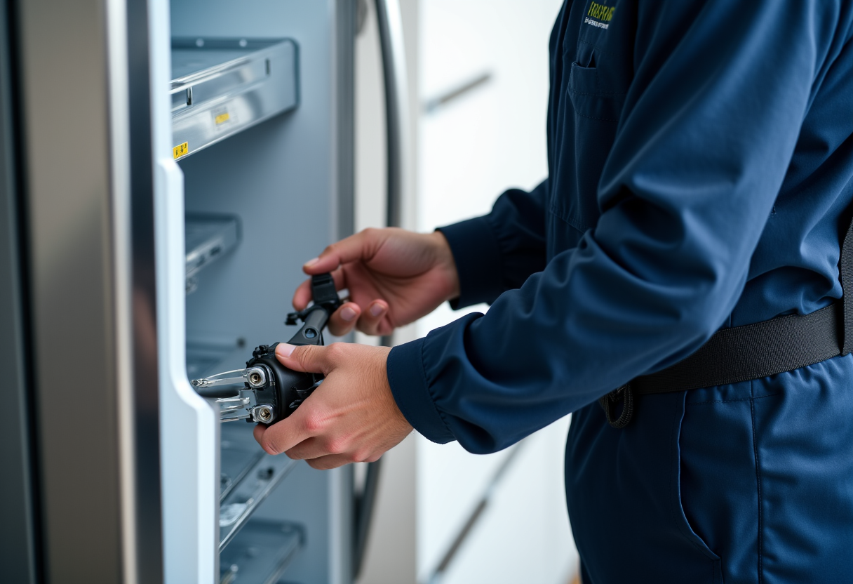 professional appliance repair technician working on high-end refrigerator compressor with specialized tools