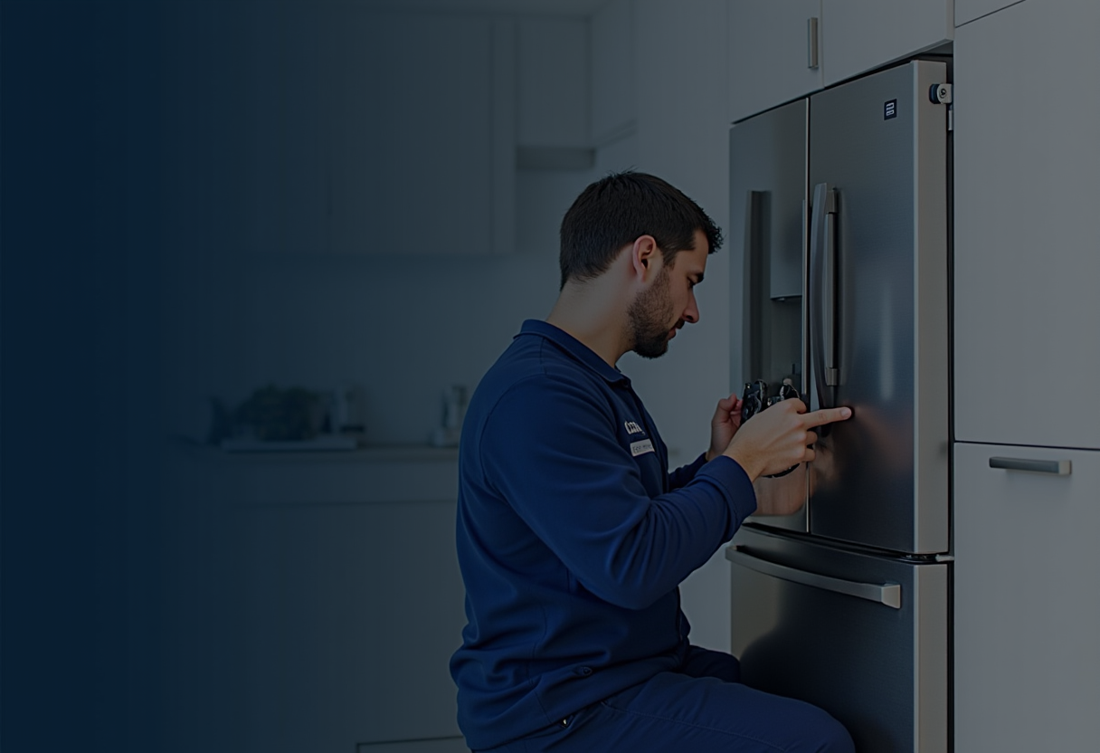 professional appliance repair technician working on high-end refrigerator compressor with specialized tools