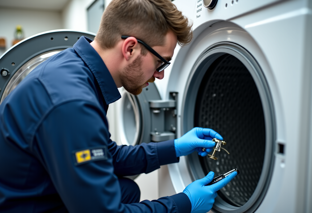 Professional appliance technician performing dryer repair and safety inspection in Sacramento