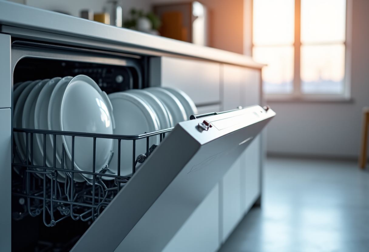 professional technician fixing dishwasher in modern kitchen