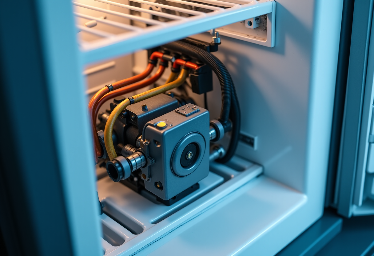 Technician working on a refrigerator compressor replacement