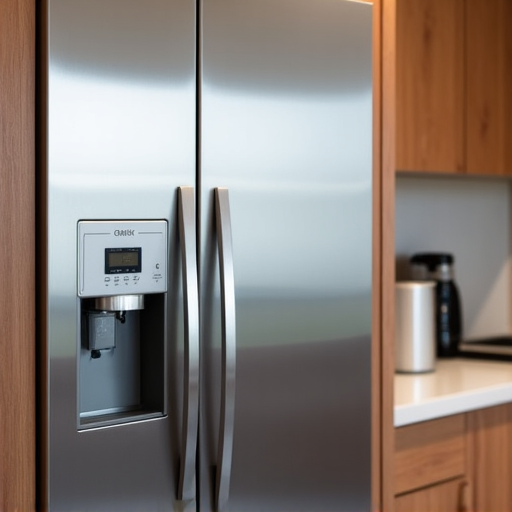 A technician meticulously installing a custom panel on a luxury integrated refrigerator, showcasing seamless integration into kitchen design. Aesthetic and functional appliance work. A technician carefully assembling a refrigerator component