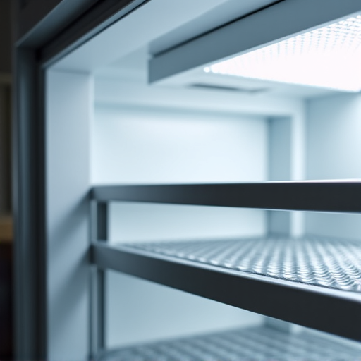 A technician carefully inspecting a Miele integrated refrigerator, blending seamlessly with kitchen cabinetry, highlighting the luxury aspect. High-end appliance service. A close look into an appliance during repair
