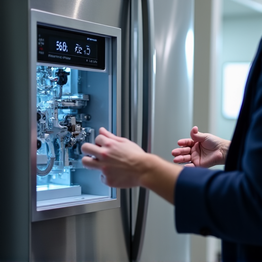 A technician performing a Sub-Zero refrigerator compressor replacement in a Sacramento kitchen. Close-up on the technical work with tools and components. A professional performing complex refrigerator repair