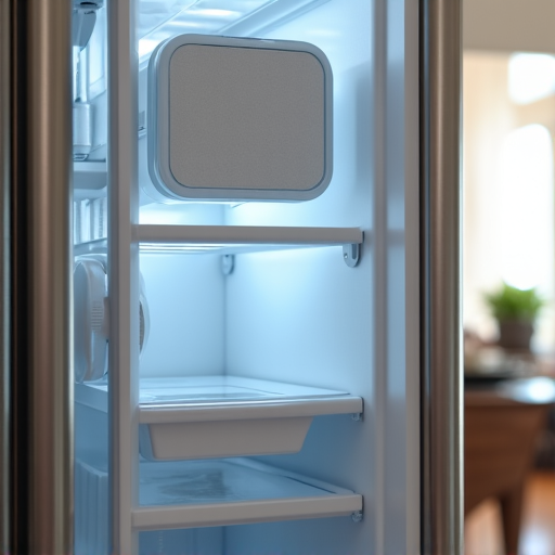 A technician performing thorough coil cleaning on a Wolf side-by-side refrigerator, emphasizing maintenance and detail. Preventive appliance maintenance. A technician servicing the back of a refrigerator