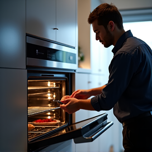 Integrated Oven Repair in Roseville. Repairing a built-in oven in a sleek, modern luxury kitchen in Roseville, seamless integration.