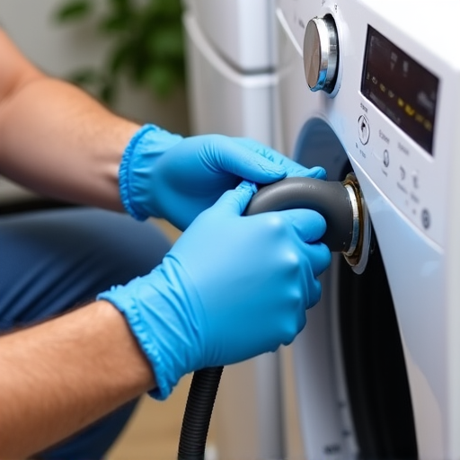Roseville washer repair technician cleaning debris from a drain filter. A professional technician meticulously cleaning accumulated debris from a washer's drain filter, addressing clogs in Roseville laundry rooms.