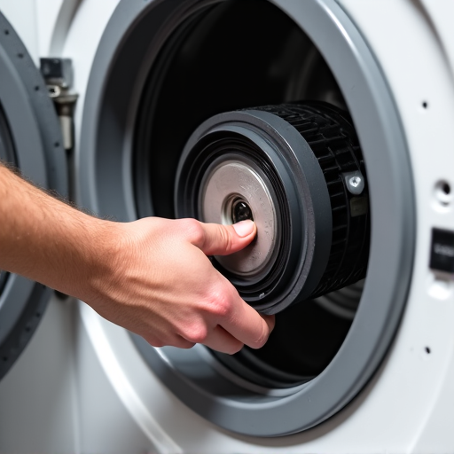 Roseville washer repair technician replacing a drive belt on a washing machine. Skilled hands expertly replacing the drive belt of a washer, commonly found in homes near Roseville's Sun City, ensuring quiet and efficient operation.